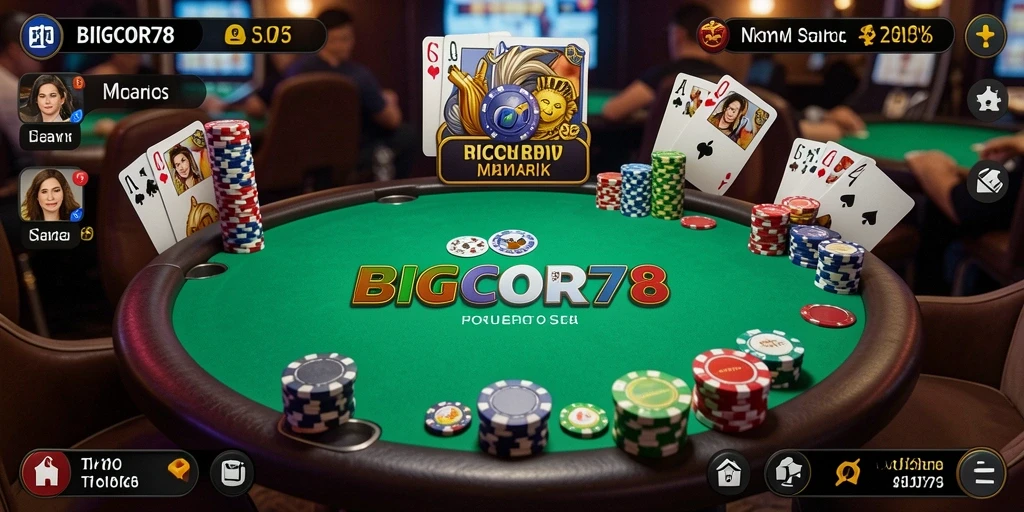 Tampilan gameplay seru di BIGCOR78 dengan meja poker dan pemain aktif.