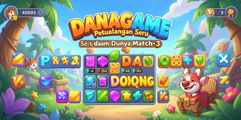 Screenshot gameplay <strong>DANAGAME</strong> menampilkan level <strong>Match-3</strong> yang penuh warna.
