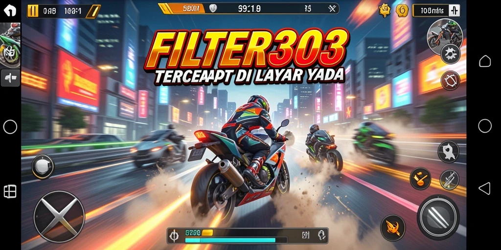 Gameplay seru FILTER303 dengan balapan motor yang mendebarkan.