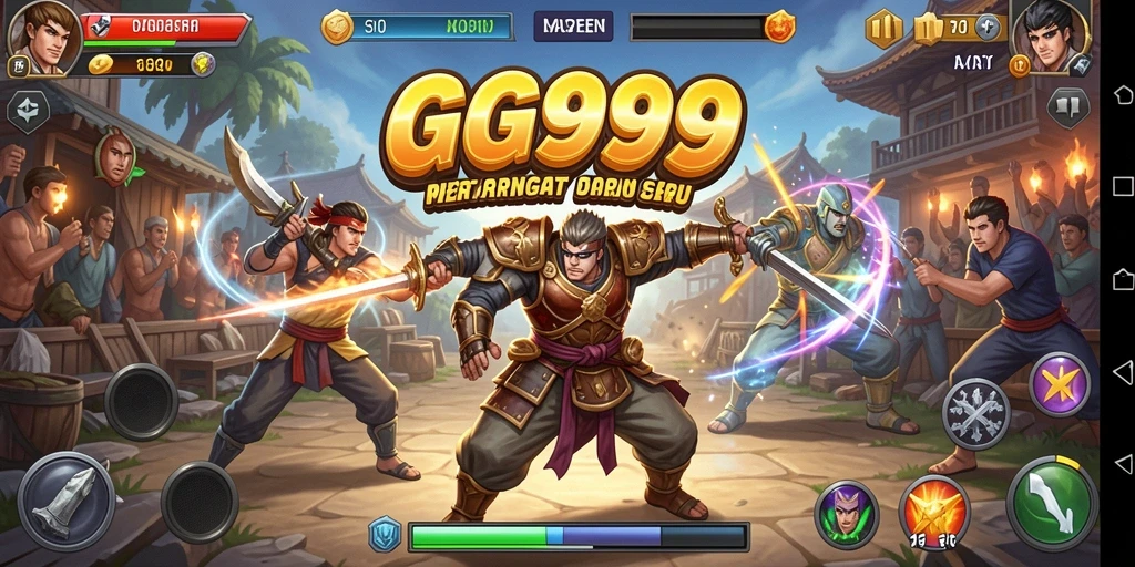 Gameplay GG999 menampilkan pertarungan yang intens dan karakter yang bervariasi.