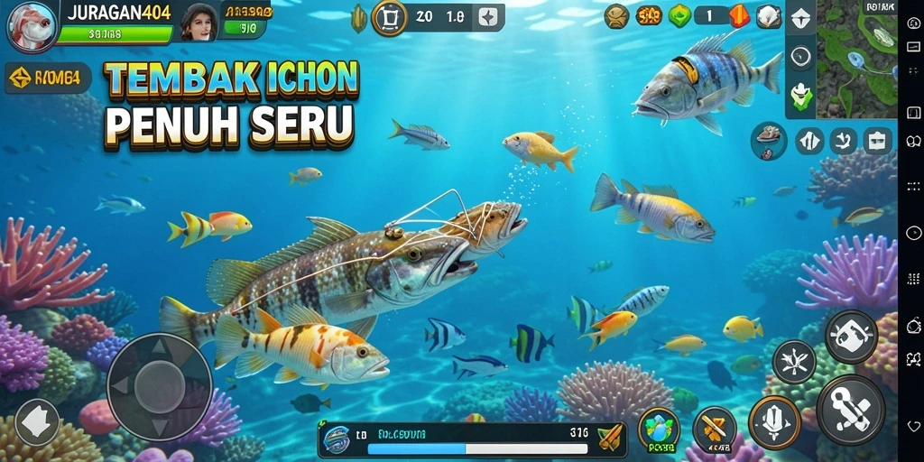 Tampilan gameplay JURAGAN404 saat menembak ikan di lautan.