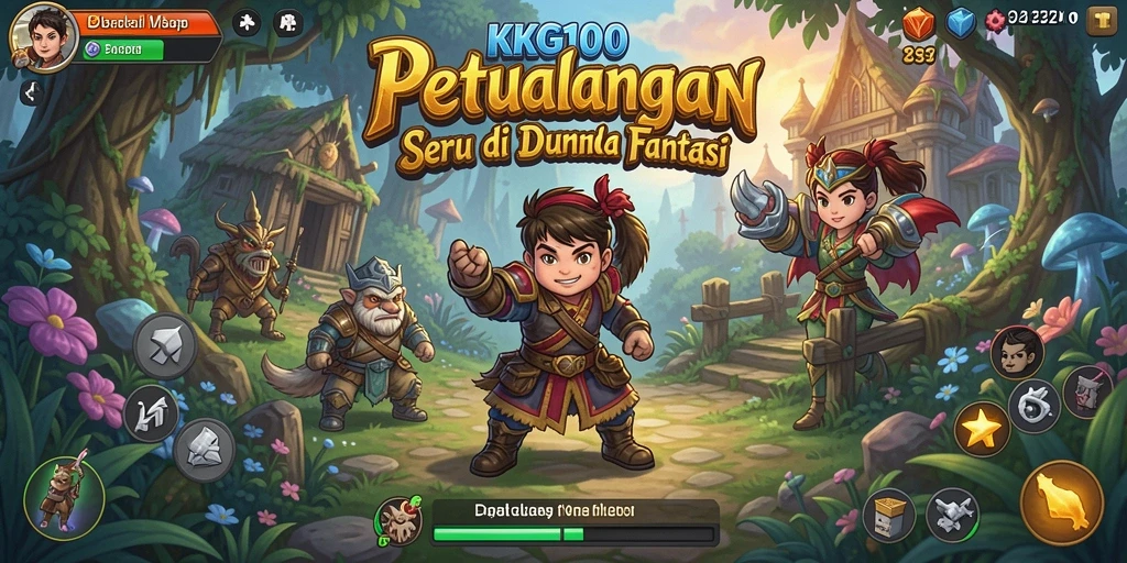 Screenshot KPK100 menunjukkan karakter dalam pertempuran seru di dunia petualangan.