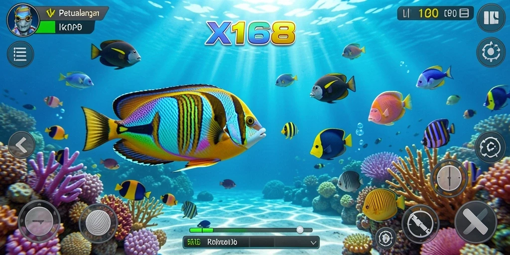 Tangkapan layar seru dari gameplay X168 saat menembak ikan.
